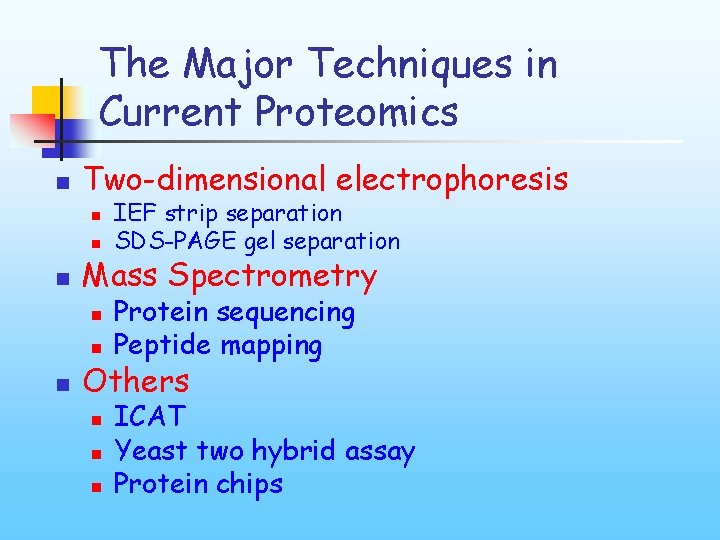 The Major Techniques in Current Proteomics n Two-dimensional electrophoresis n n n Mass Spectrometry