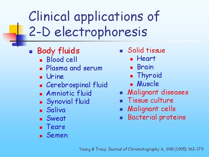 Clinical applications of 2 -D electrophoresis n Body fluids n n n n n