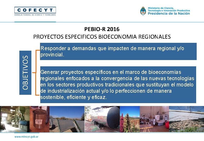 OBJETIVOS PEBIO-R 2016 PROYECTOS ESPECIFICOS BIOECONOMIA REGIONALES Responder a demandas que impacten de manera