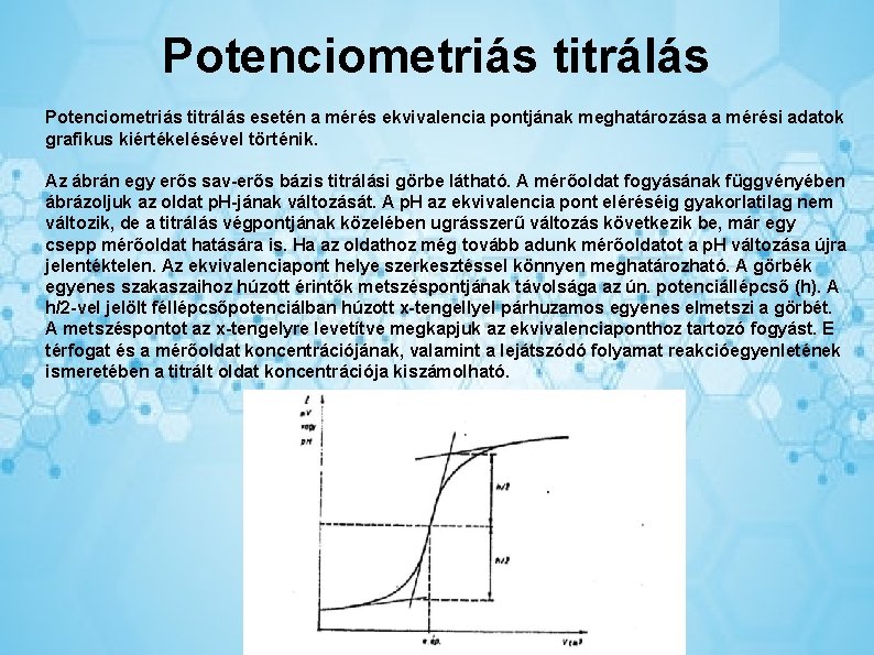 Potenciometriás titrálás esetén a mérés ekvivalencia pontjának meghatározása a mérési adatok grafikus kiértékelésével történik.