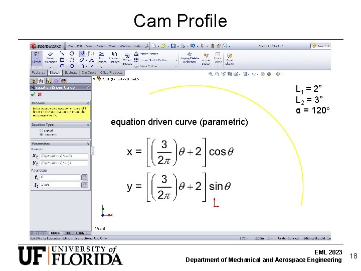 Cam Profile L 1 = 2” L 2 = 3” α = 120 equation