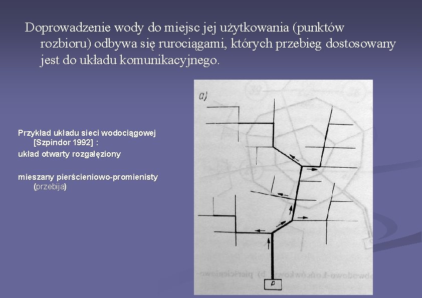 Doprowadzenie wody do miejsc jej użytkowania (punktów rozbioru) odbywa się rurociągami, których przebieg dostosowany