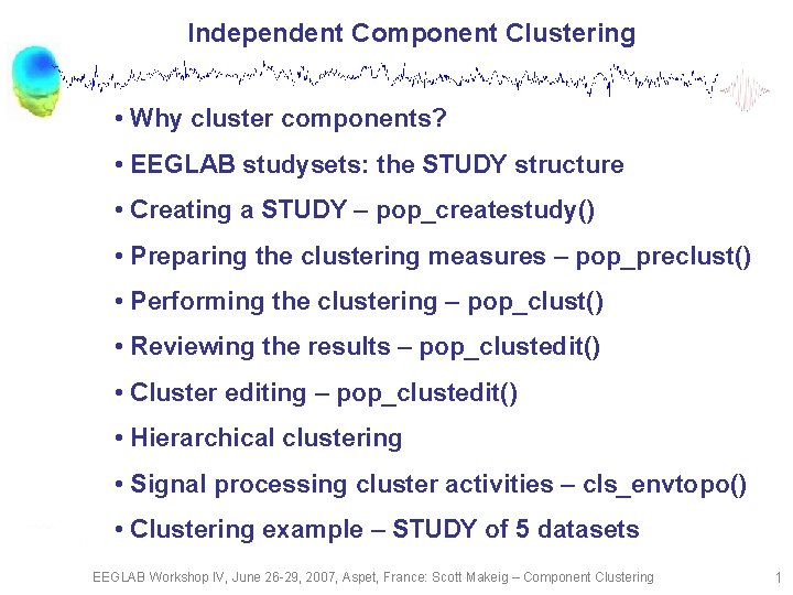 Independent Component Clustering • Why cluster components? • EEGLAB studysets: the STUDY structure •