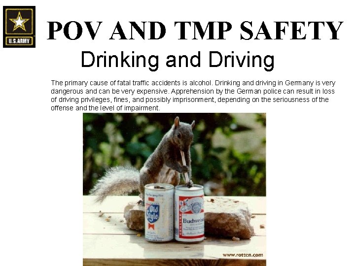 POV AND TMP SAFETY Drinking and Driving The primary cause of fatal traffic accidents POV AND TMP SAFETY Drinking and Driving The primary cause of fatal traffic accidents