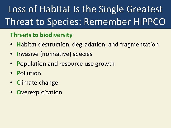 Loss of Habitat Is the Single Greatest Threat to Species: Remember HIPPCO Threats to