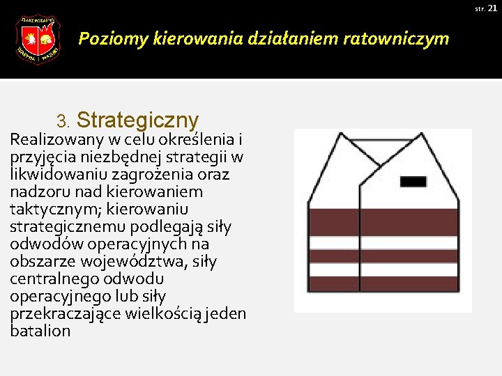 str. 21 Poziomy kierowania działaniem ratowniczym 3. Strategiczny Realizowany w celu określenia i przyjęcia