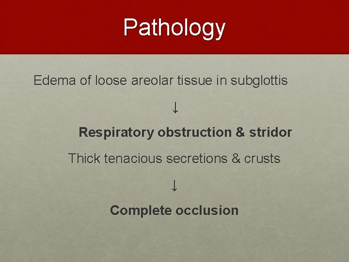 Pathology Edema of loose areolar tissue in subglottis ↓ Respiratory obstruction & stridor Thick