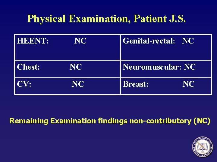 Physical Examination, Patient J. S. HEENT: NC Genital-rectal: NC Chest: NC Neuromuscular: NC CV: