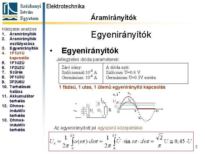 Széchenyi Elektrotechnika István Egyetem Hálózatok analízise 1. Áramirányítók 2. Áramirányítók osztályozása 3. Egyenirányítók 4.