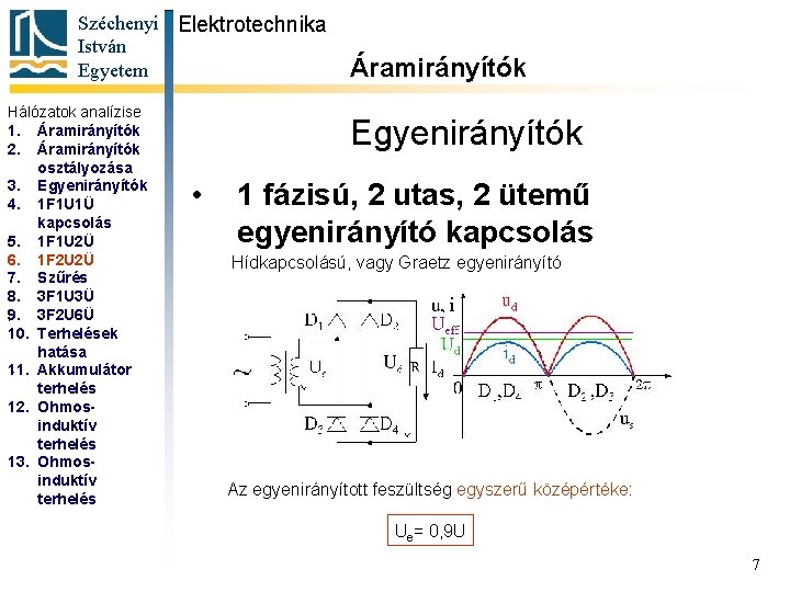 Széchenyi Elektrotechnika István Egyetem Hálózatok analízise 1. Áramirányítók 2. Áramirányítók osztályozása 3. Egyenirányítók 4.