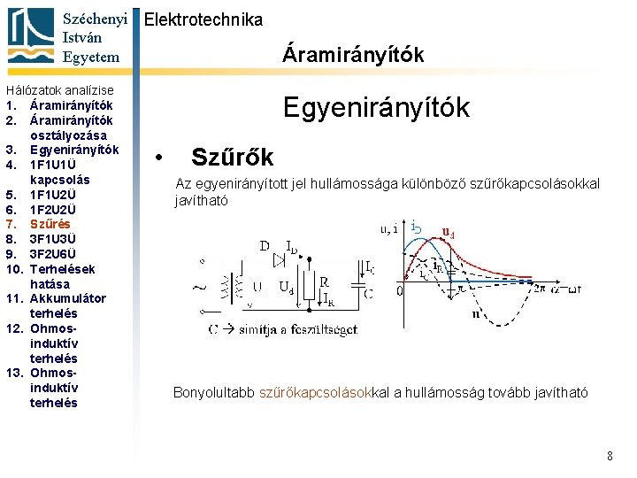 Széchenyi Elektrotechnika István Egyetem Hálózatok analízise 1. Áramirányítók 2. Áramirányítók osztályozása 3. Egyenirányítók 4.