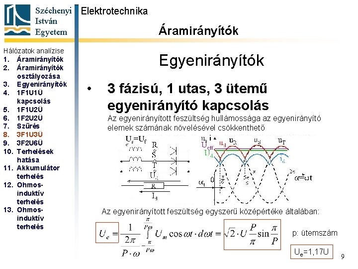 Széchenyi Elektrotechnika István Egyetem Hálózatok analízise 1. Áramirányítók 2. Áramirányítók osztályozása 3. Egyenirányítók 4.