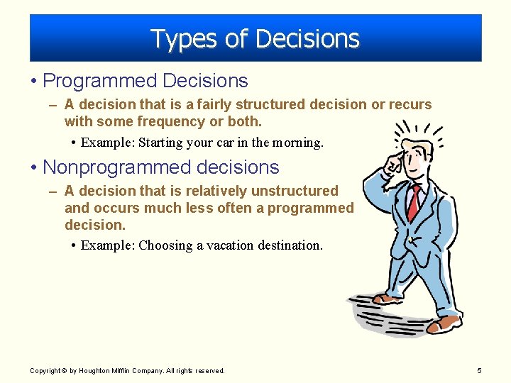 Types of Decisions • Programmed Decisions – A decision that is a fairly structured