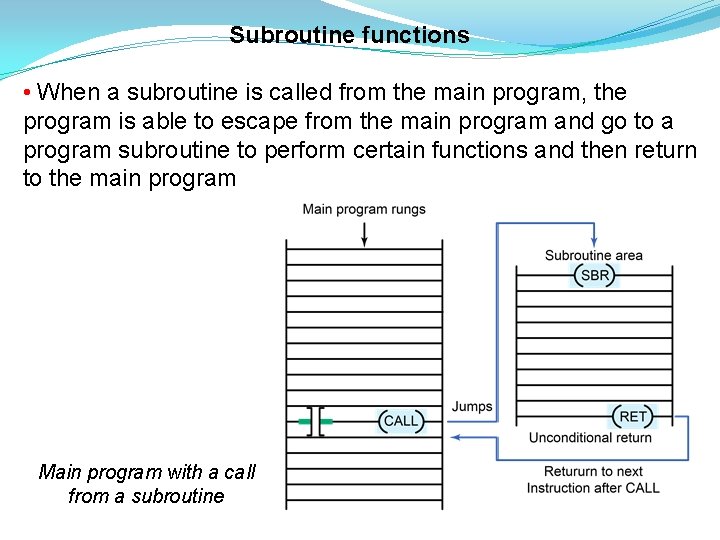 Subroutine functions • When a subroutine is called from the main program, the program