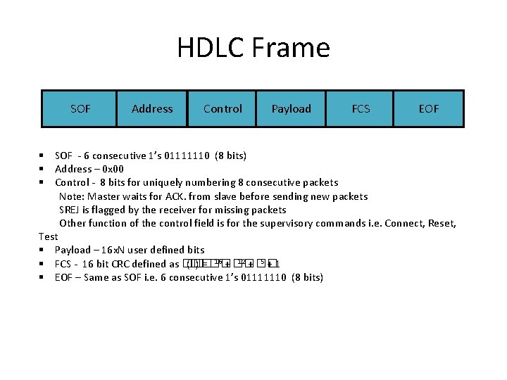 HDLC Frame SOF Address Control Payload FCS EOF § SOF - 6 consecutive 1’s