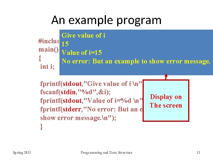 An example program Give value of i #include 15<stdio. h> main() Value of i=15