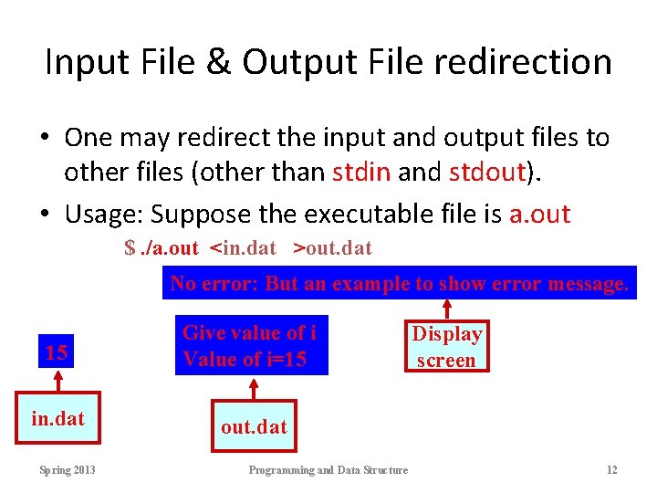 Input File & Output File redirection • One may redirect the input and output