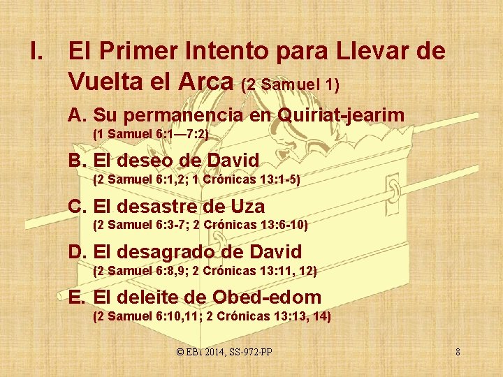 I. El Primer Intento para Llevar de Vuelta el Arca (2 Samuel 1) A.