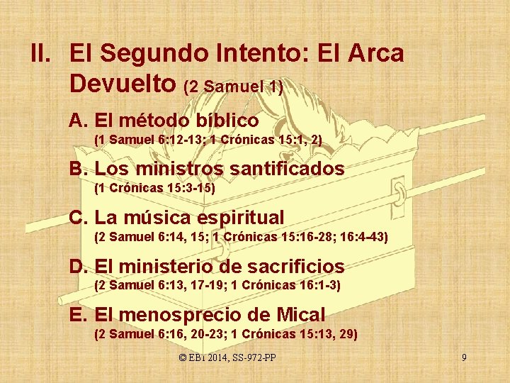 II. El Segundo Intento: El Arca Devuelto (2 Samuel 1) A. El método bíblico