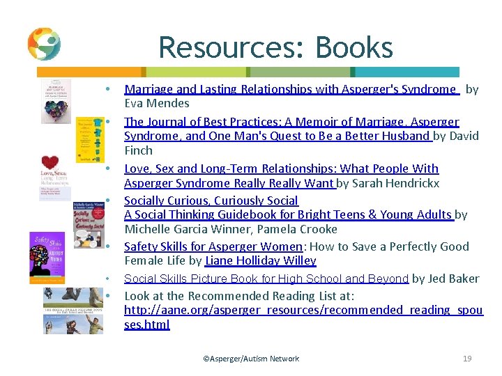 Resources: Books • • Marriage and Lasting Relationships with Asperger's Syndrome by Eva Mendes