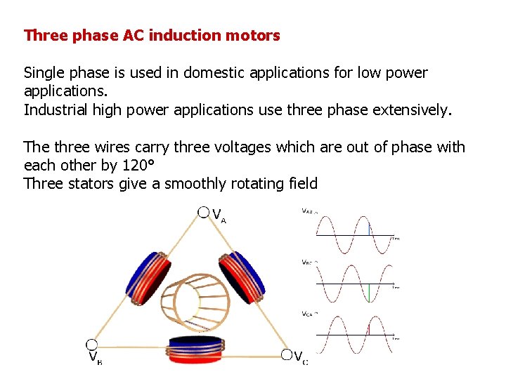 Three phase AC induction motors Single phase is used in domestic applications for low