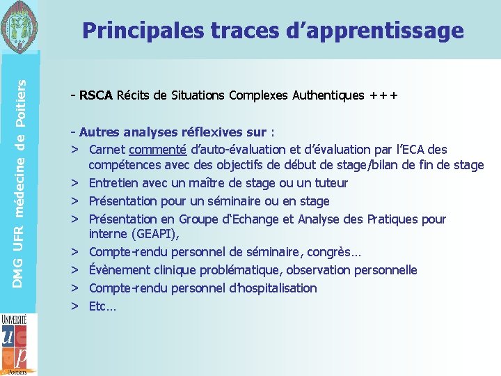 DMG UFR médecine de Poitiers Principales traces d’apprentissage - RSCA Récits de Situations Complexes