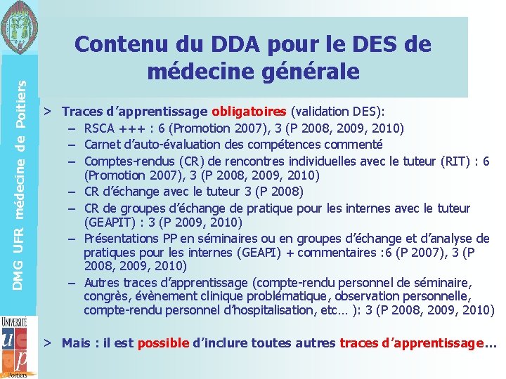 DMG UFR médecine de Poitiers Contenu du DDA pour le DES de médecine générale