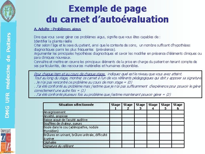 DMG UFR médecine de Poitiers Exemple de page du carnet d’autoévaluation A. Adulte :