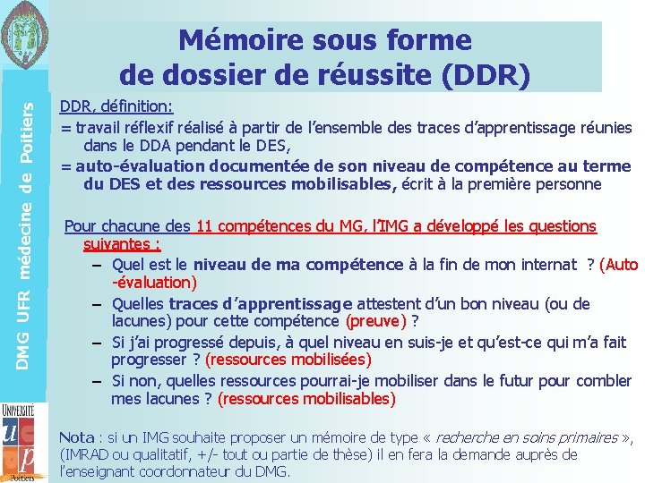 DMG UFR médecine de Poitiers Mémoire sous forme de dossier de réussite (DDR) DDR,