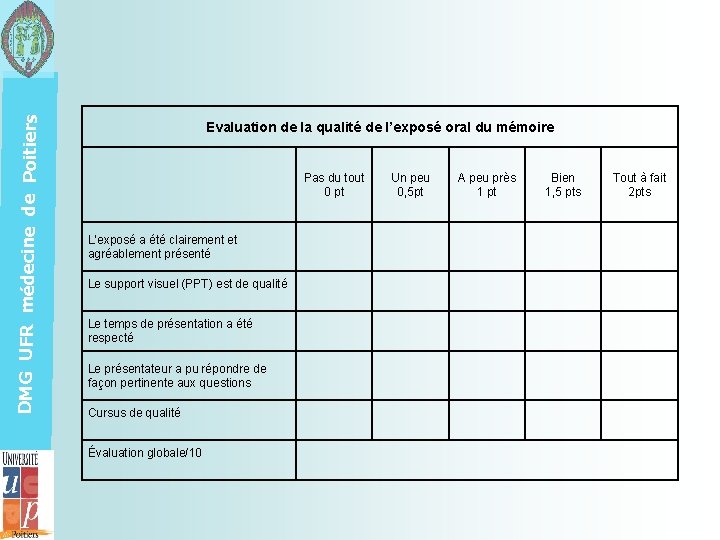 DMG UFR médecine de Poitiers Evaluation de la qualité de l’exposé oral du mémoire