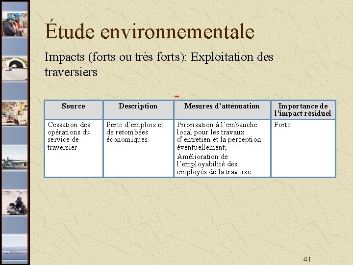 Étude environnementale Impacts (forts ou très forts): Exploitation des traversiers Source Cessation des opérations