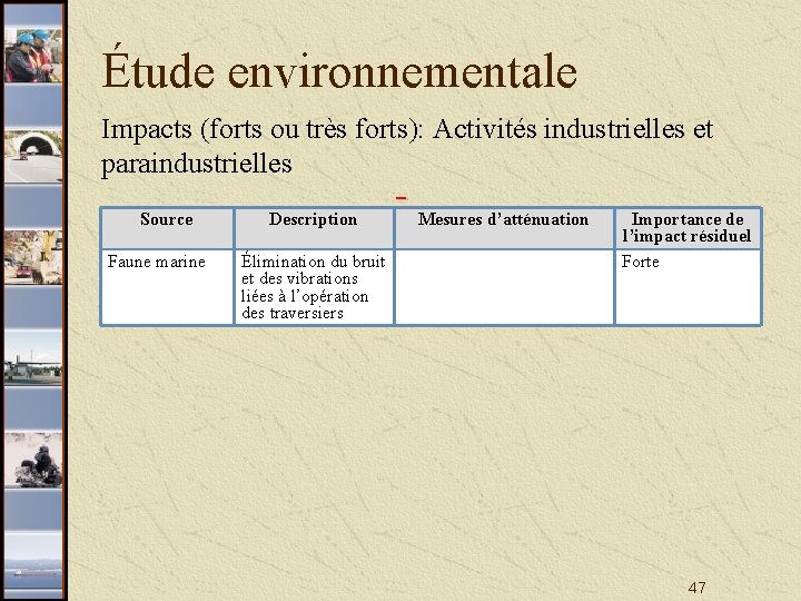 Étude environnementale Impacts (forts ou très forts): Activités industrielles et paraindustrielles Source Faune marine