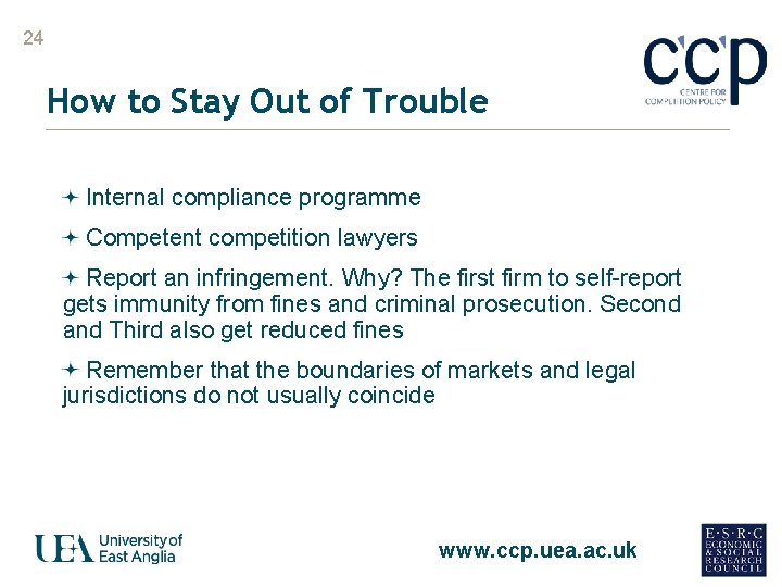 24 How to Stay Out of Trouble Internal compliance programme Competent competition lawyers Report