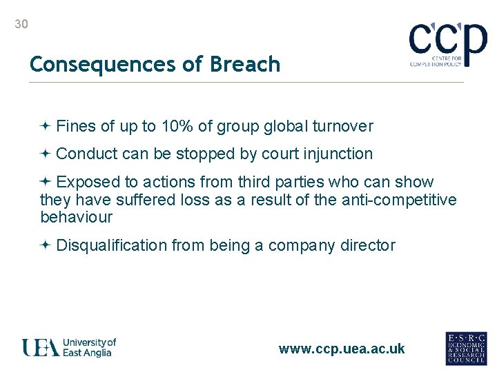 30 Consequences of Breach Fines of up to 10% of group global turnover Conduct