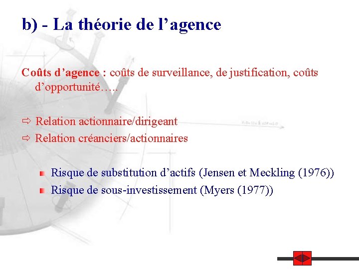 b) - La théorie de l’agence Coûts d’agence : coûts de surveillance, de justification,