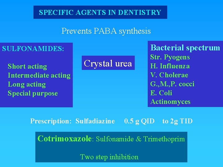 SPECIFIC AGENTS IN DENTISTRY Prevents PABA synthesis Bacterial spectrum SULFONAMIDES: Short acting Intermediate acting