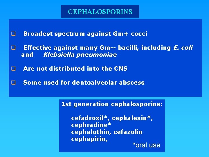 CEPHALOSPORINS q q Broadest spectrum against Gm+ cocci Effective against many Gm-- bacilli, including