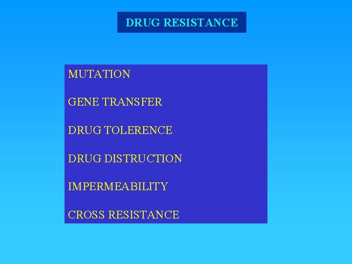 DRUG RESISTANCE MUTATION GENE TRANSFER DRUG TOLERENCE DRUG DISTRUCTION IMPERMEABILITY CROSS RESISTANCE 