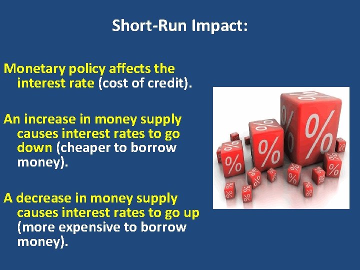 Short-Run Impact: Monetary policy affects the interest rate (cost of credit). An increase in