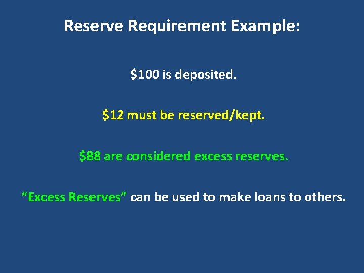 Reserve Requirement Example: $100 is deposited. $12 must be reserved/kept. $88 are considered excess