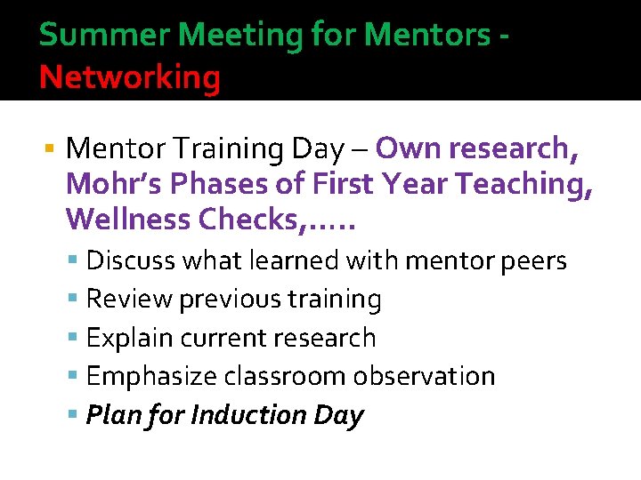 Summer Meeting for Mentors Networking Mentor Training Day – Own research, Mohr’s Phases of