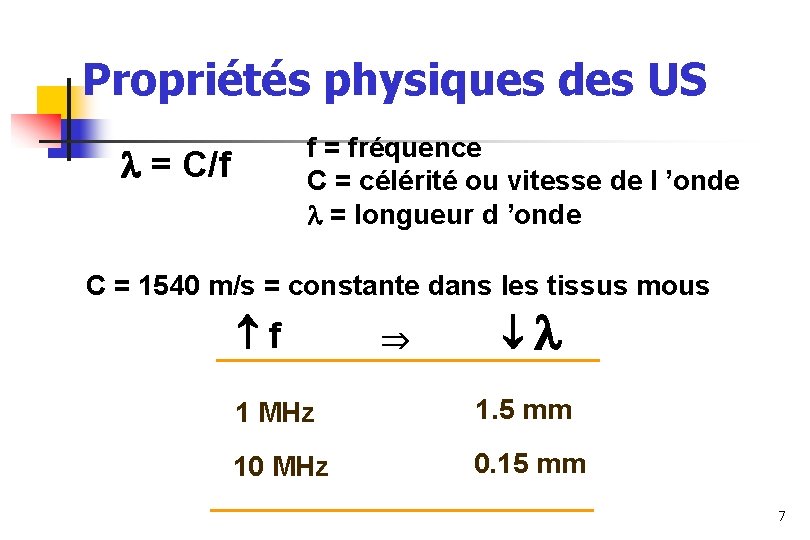 Propriétés physiques des US = C/f f = fréquence C = célérité ou vitesse Propriétés physiques des US = C/f f = fréquence C = célérité ou vitesse