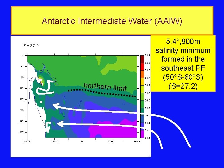 Antarctic Intermediate Water (AAIW) northern limit 5. 4°, 800 m salinity minimum formed in