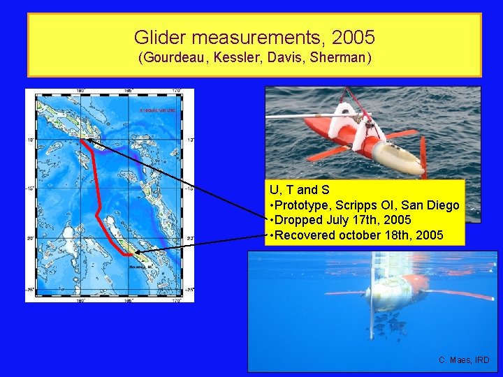 Glider measurements, 2005 (Gourdeau, Kessler, Davis, Sherman) U, T and S • Prototype, Scripps