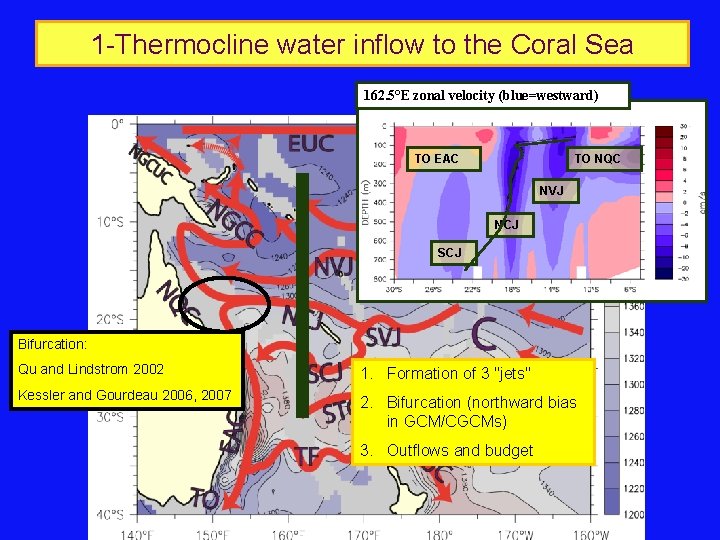 1 -Thermocline water inflow to the Coral Sea 162. 5°E zonal velocity (blue=westward) TO