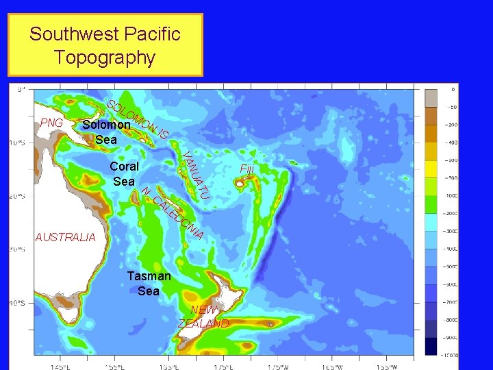 Southwest Pacific Topography SO L PNG OM Solomon ON Sea CA LE U N.