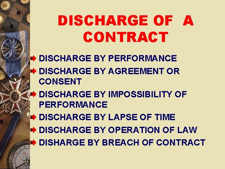 DISCHARGE OF A CONTRACT DISCHARGE BY PERFORMANCE DISCHARGE BY AGREEMENT OR CONSENT DISCHARGE BY