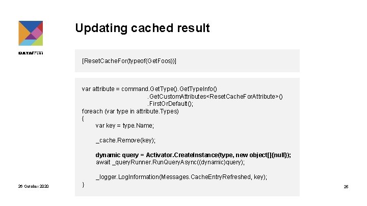 Updating cached result [Reset. Cache. For(typeof(Get. Foos))] var attribute = command. Get. Type(). Get.