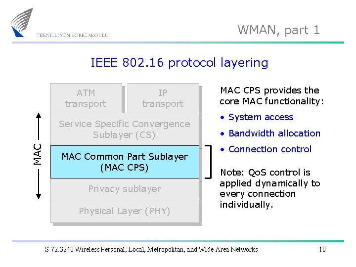 WMAN, part 1 IEEE 802. 16 protocol layering ATM transport IP transport MAC Service
