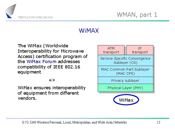 WMAN, part 1 Wi. MAX The Wi. Max (Worldwide Interoperability for Microwave Access) certification